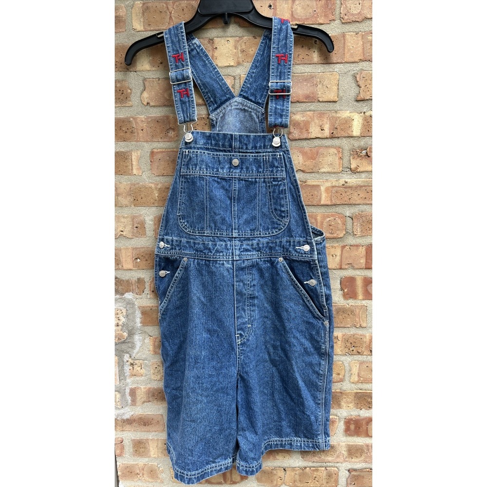 Tommy Hilfiger Vintage Y2K Denim Overalls Shorts Logo Straps Blue Size Med